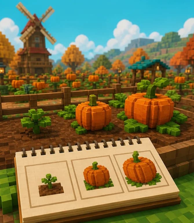Pumpkin plot and notebook showing three visual growth stages