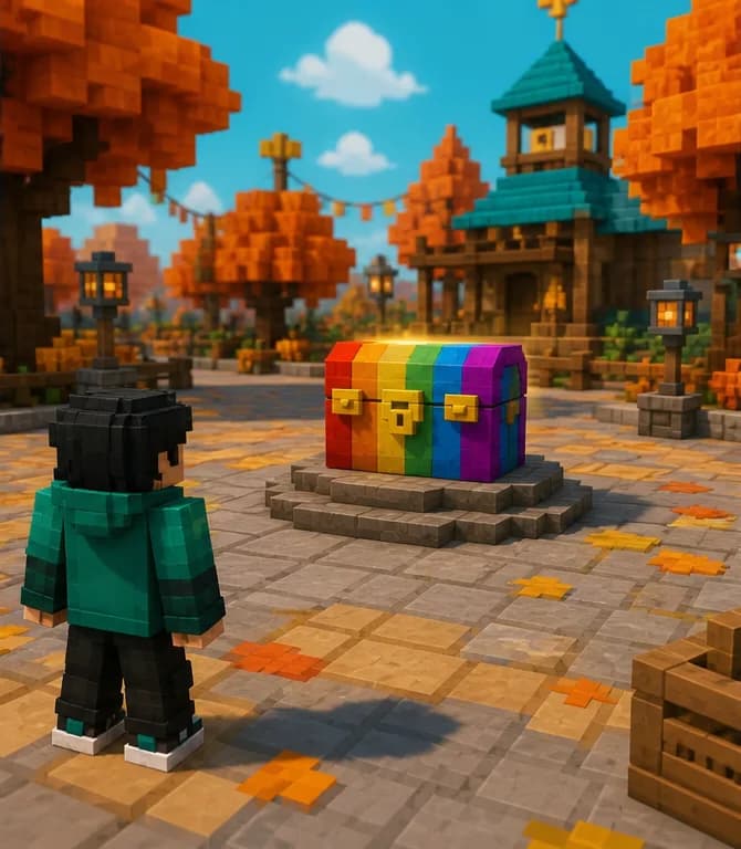 Player observing a colorful reward chest in an autumn plaza