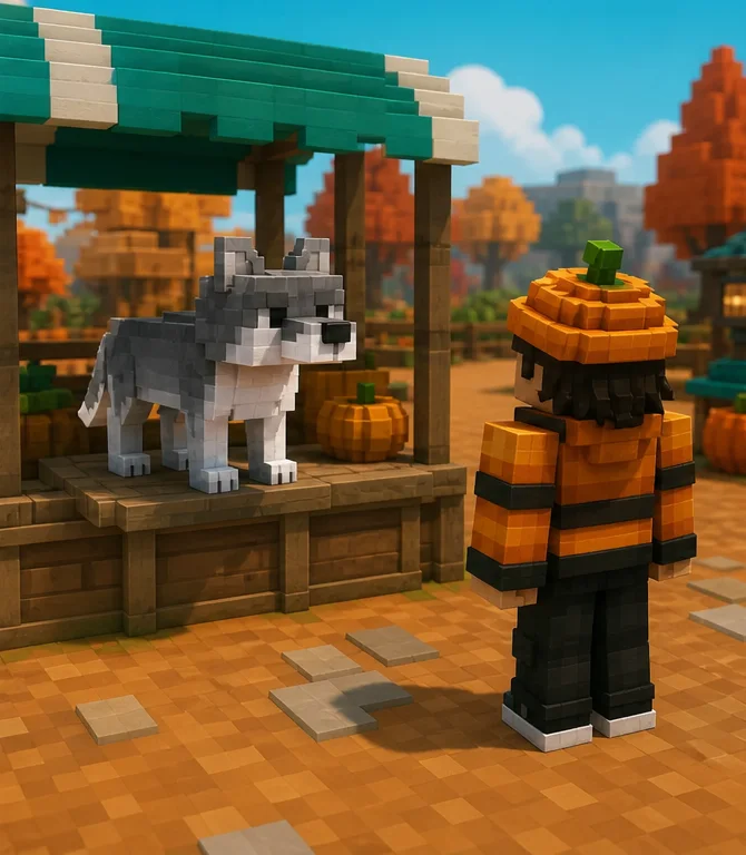 Player observing a gray Wolf at an autumn pet stand