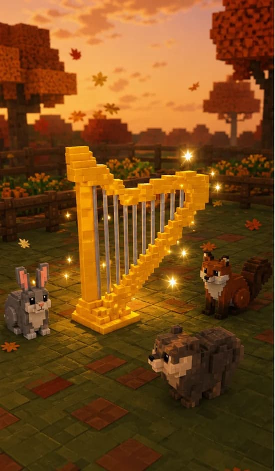 Golden Harp summoning several wild animals in an autumn garden