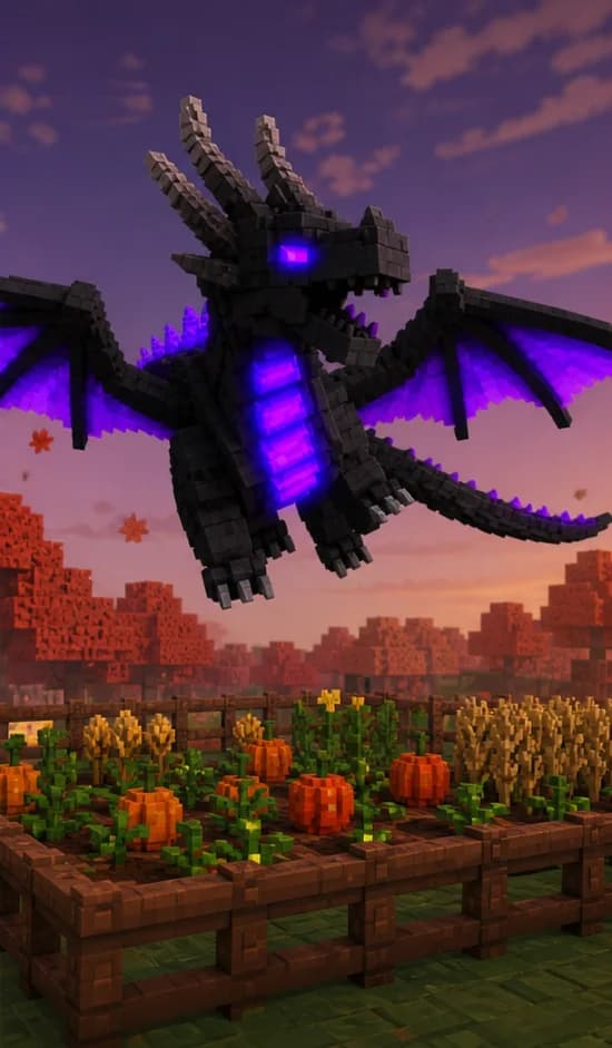 Dark Shadow Dragon flying over a fenced Fall Harvest crop plot
