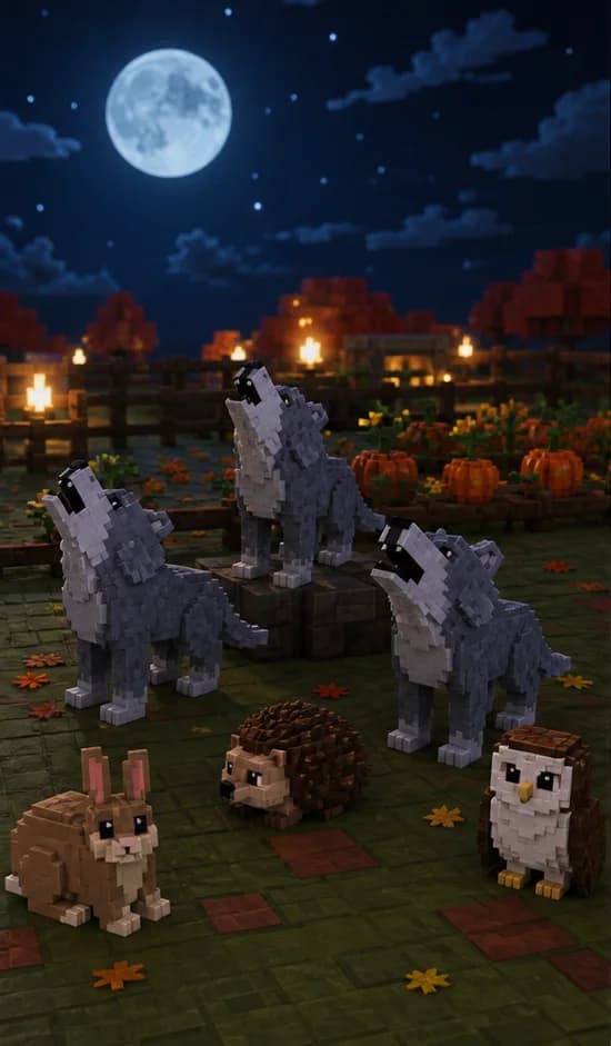 Three gray Wolves howling under a full moon among wild animals
